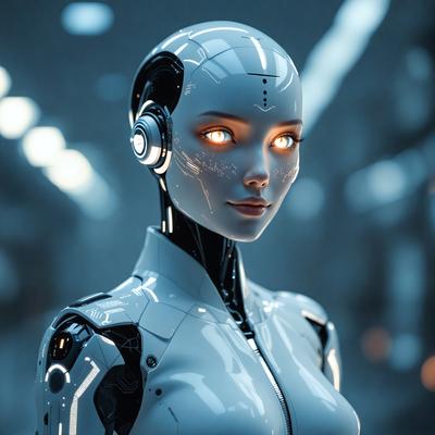 The primary subject of the image is a robotic woman with a white body and a silver head. She is wearing a silver dress and has a pair of silver breasts. The setting is a dark room with a blue background, giving the image a futuristic and mysterious atmosphere. The visual style is a combination of photo and digital art, creating a realistic yet surreal representation of the robotic woman. The colors and mood of the image are predominantly dark and moody, with the blue background and silver accents